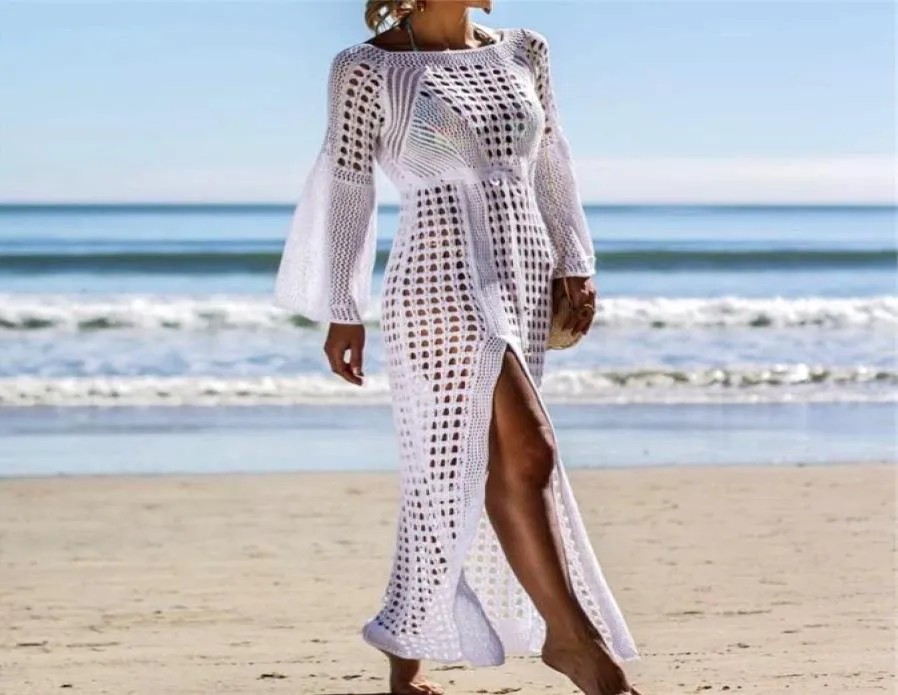 FashionCrochet White Knitted Beach Cover ups Swimwear dress Tunic Long Pareos Bathing Suit bikini coverup Swim cover up Robe Plage6346990