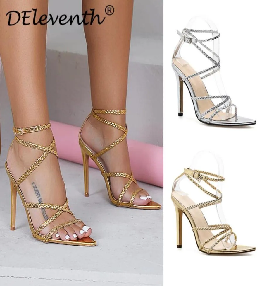 Womans Gold High Heels Shoes European and Americanstyle Crosswoven Strap Powing Sandals Silver Large Size Shoes1535067