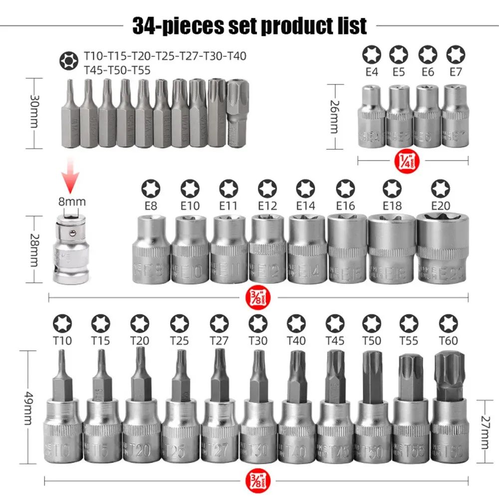 34/14pcs Zestaw gniazda zapadkowego Torque Torx Star Gniazda uderzeniowe Pudełko udarowe Adapter gniazda E Gniazdo