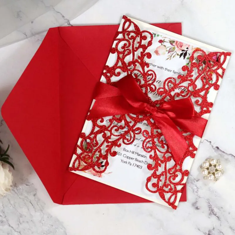 Chinese Red Wedding Invitation Card Glitter Laser Cut Lace Greeting Card Celebratory Party Ribbon Invitation Card with Envelope