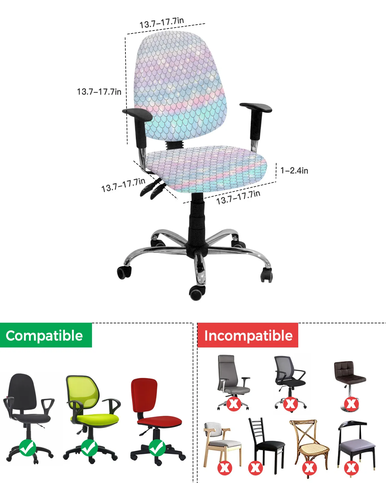 Scoures Scales Ocean Rainbow Elastic Failchair Computer Couvre de chaise d'ordinateur Stretch Rovable Chite de bureau Slipver Split Seat Couvertures