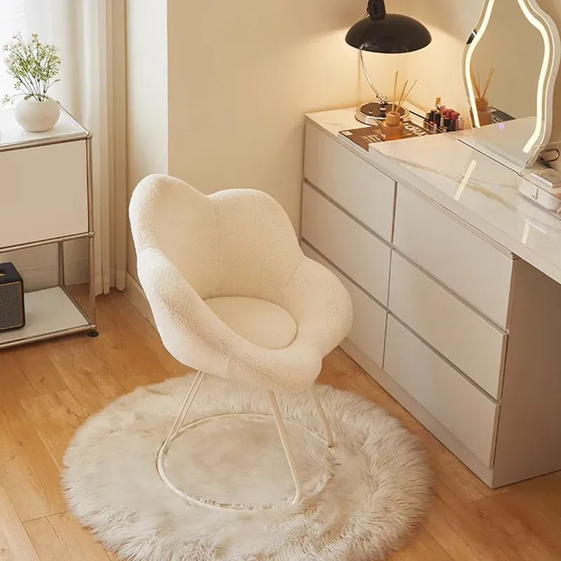 White Vanity Chair with Fluffy Wheels Adjustable Stool Modern Metal Furniture