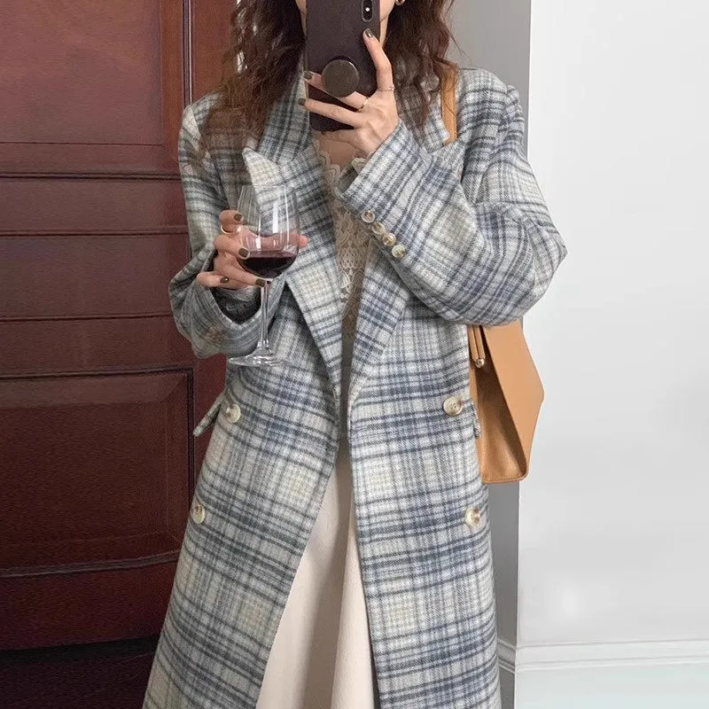 Z3584 Womens Woolen Coat Double Breasted Vintage Plaid Windbreaker