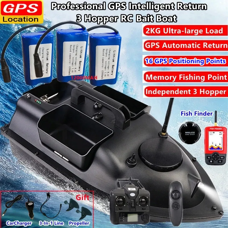 Remote Control Bobber Remote Control Fishing Bait Boat with GPS Auto Return, 3 Hopper Control ...