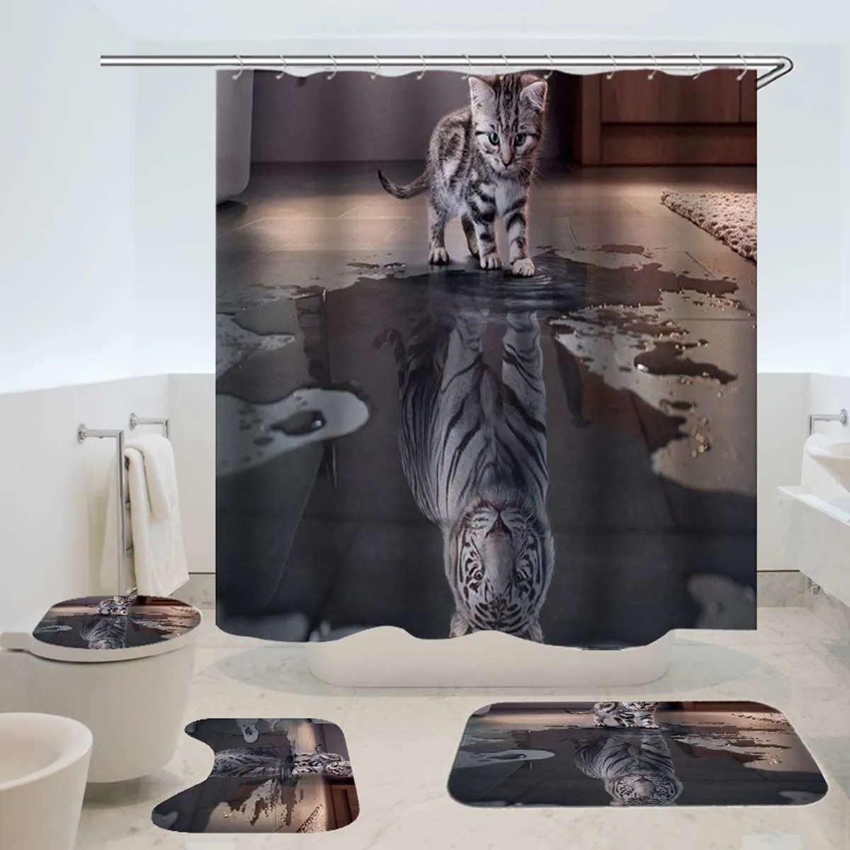 Cat and Tiger Bath Shower Curtain Polyester Waterproof Bathroom Curtain Carpet Rugs Set Non-slip Kitchen/Bath Mat Home Decor