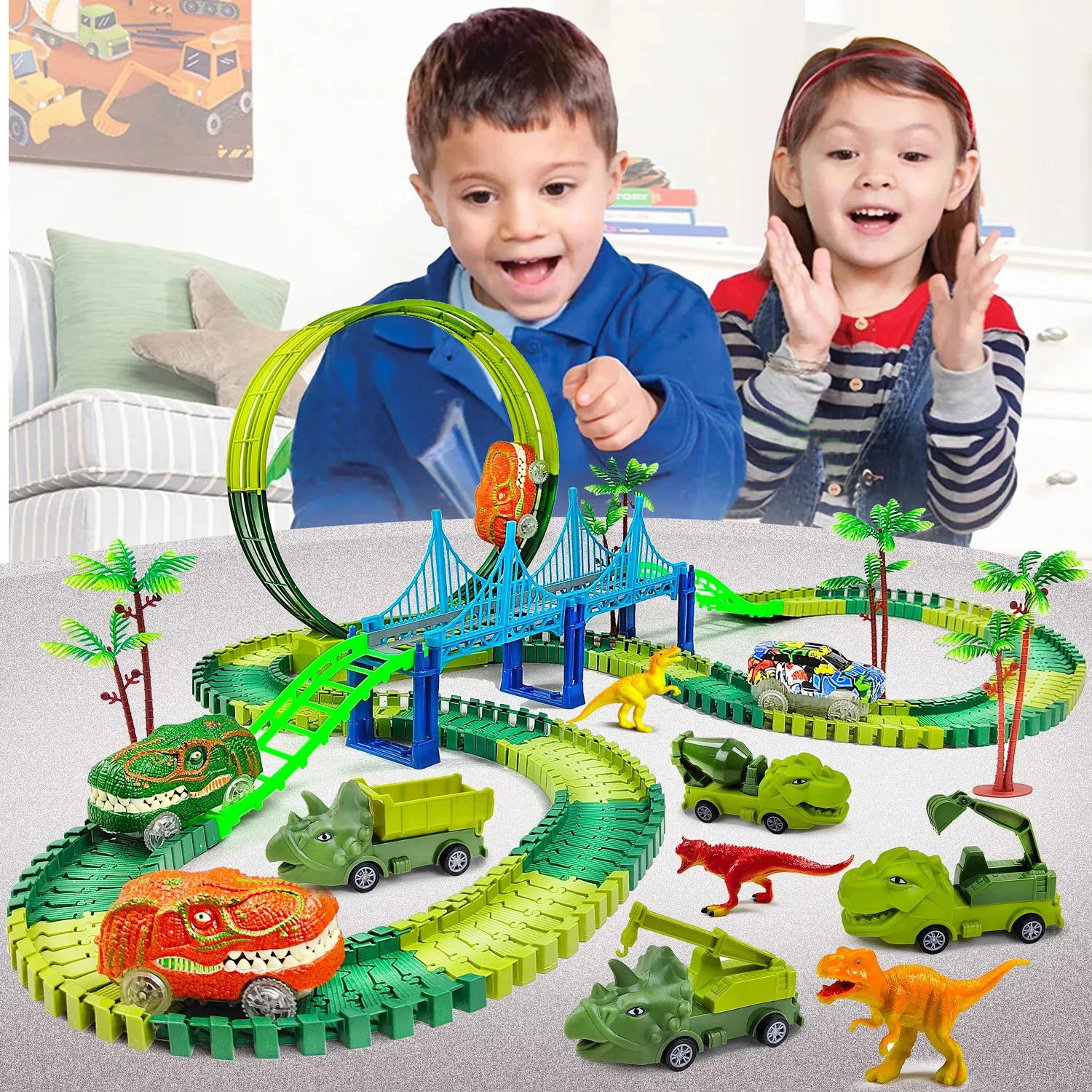 Children Electric Magic Climbing Dinosaur Track Toy Engineering Car Kids Track Car Train Toys for Children Birthday Gift 240329