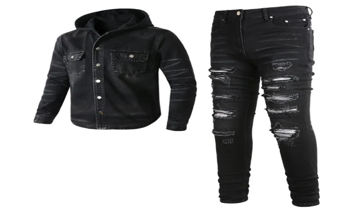 2023 survêtements Punk Street Men039s Black 2PCS Jeans Ensembles de jean à capuche printanier et pantalon étiré de patch déchiré vintage Men4628696