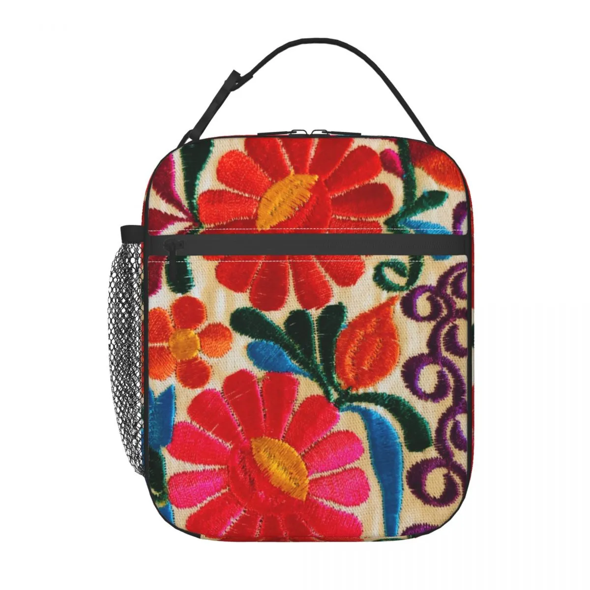 Fleurs mexicaines 3D Print de broderie Sac à lunch isolé pour les femmes Textile folk folk folk thermal cool à lunch