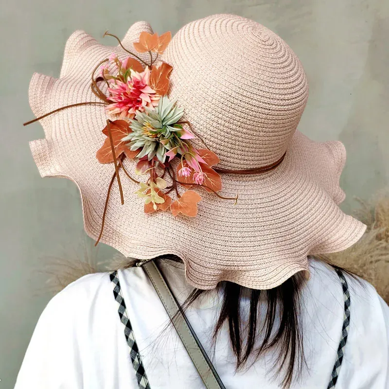 Summer Women Straw Hat with Flowers Wide Brim Wavy Panama Hats Female Lady Outdoor Foldable Beach Sun Cap 240403