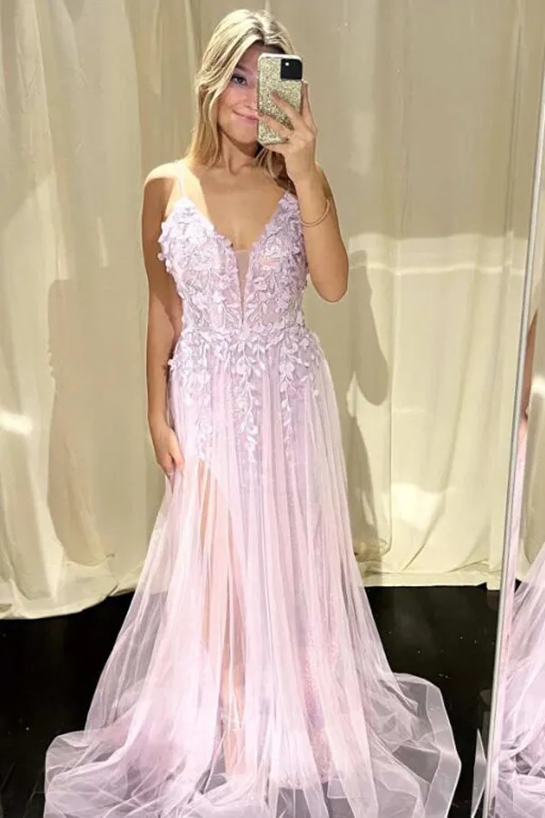 A Line Pink Floral Long Prom Dress Lace Applique Evening Dresses V Neck Party Gowns Spaghetti Straps