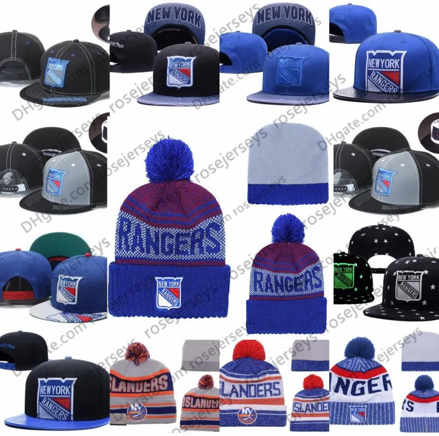 New York Rangers Ice Hockey Knit Beanies broderi Justerbar hatt broderade snapback Caps Blue White Grey Black Stitched Hats O9671186