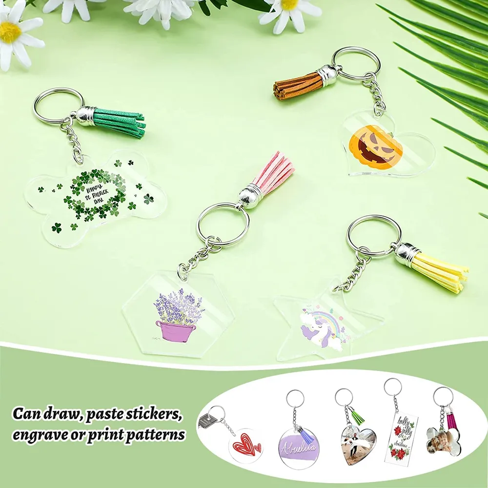 blancs de porte-clés acryliques avec kit de glands en vrac différentes formes acryliques accessoires d'embryons de chaîne de clés