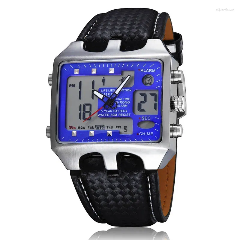 Montre-bracelets Outdoor Military Watch Mens Sports Watchs Blue Dial Black Leather Strap ohsen Casual Backlight LED LED Electronic Wrist.