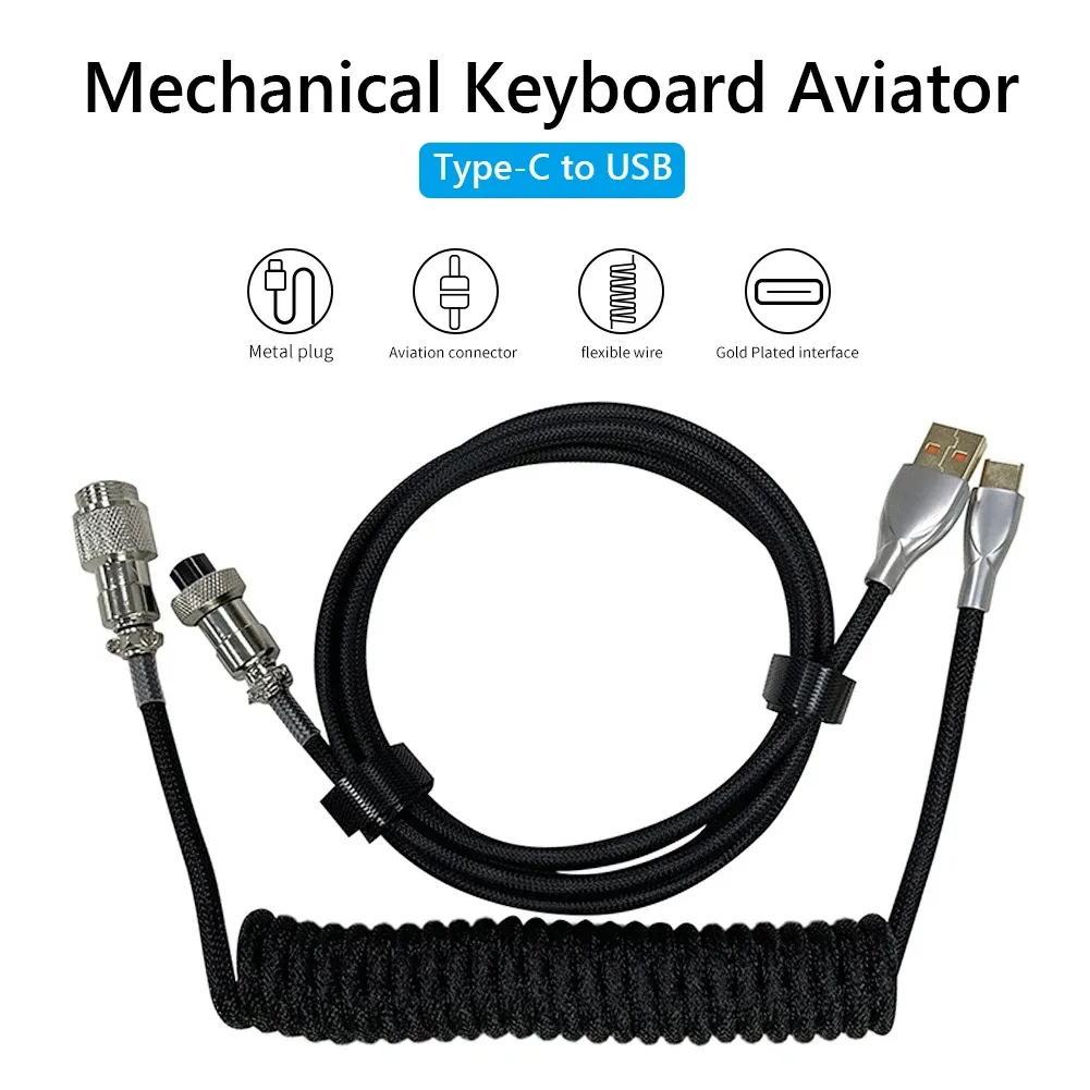 Ustaw zwinięte kabel typ C Mechaniczna klawiatura Klawiatura USB kabel Mechaniczna klawiatura Aviator Desktop Computer Aviation Złącze lotnicze