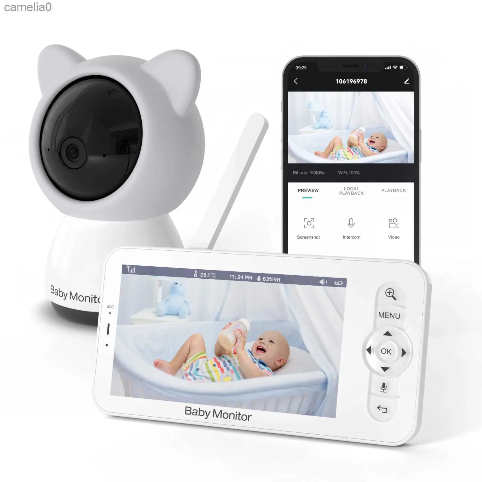 Baby Monitors 5-inch IPS screen wireless WIFI PTZ IP baby monitor feeding reminder temperature and humidity monitoring nanny cameraC240412