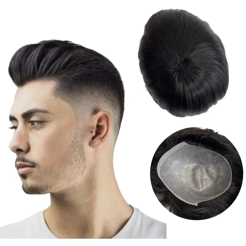 Sostituzione dei capelli umani vergini mongoli Unità di pelle sottile dritta V loop PU Silicone Toupee per uomini