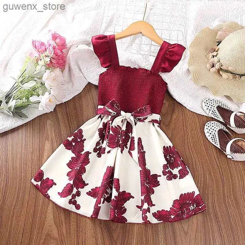 Girl's Kleider Mode für 4-7ys Kinder Outfit Little Girl Red Gurt Print Patchwork Sommer Blumenpastoralstil Prinzessin Daily Casual Kleid Y240412