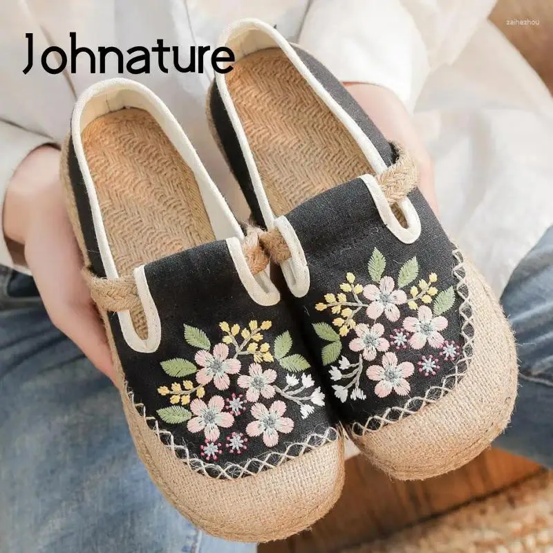 Chaussures décontractées johnature plates femmes broder orteil rond 2024 coton lin floral concis fait à la main confortable dames