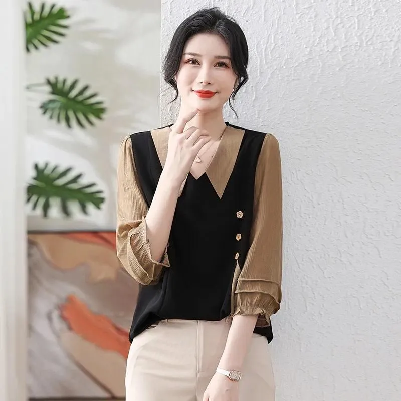 Kvinnors T -skjortor Koreanska Fashion Patchwork -knapp Elegant skjorta Spring Autumn V Neck Lång ärm Löst tunika toppar kläder
