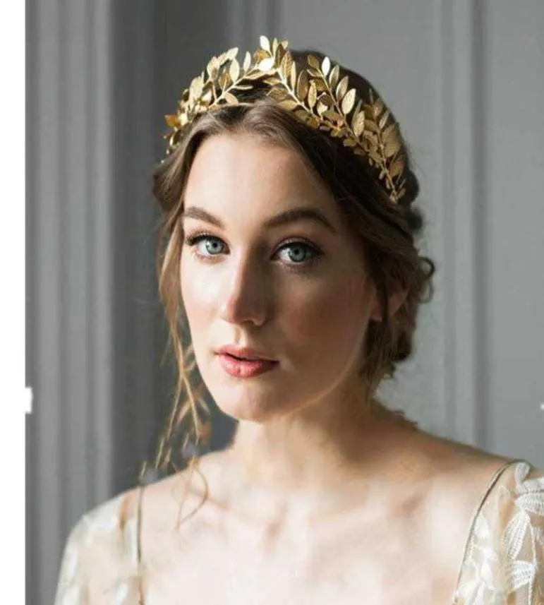 Hair Accessories European Greek Goddess Headband Metallic Gold Leaves Branch Crown Band Wedding Tiara1010029