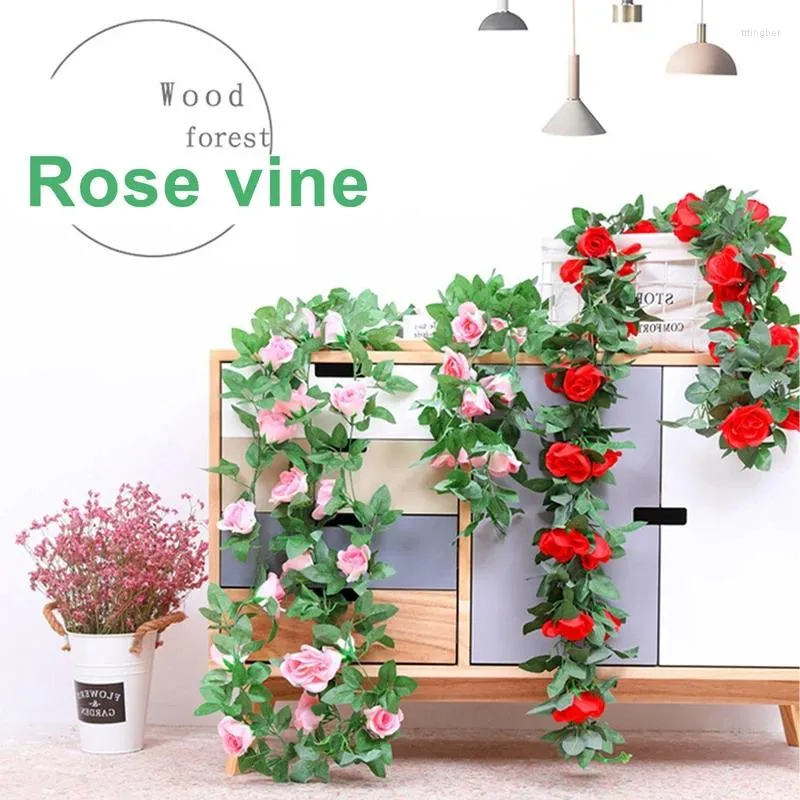 Flores decorativas Pink Rose Flower Rattan Artificial Ivy Parede de casamento Parede pendurada Garland Home Garden Decoração de plantas verdes