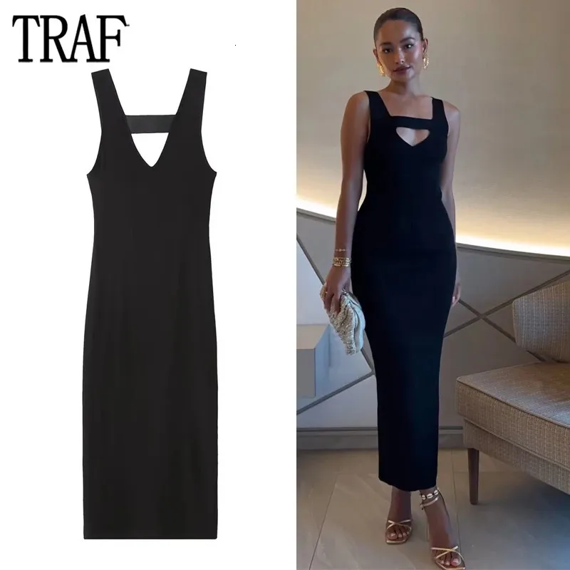 TRAFブラックスリップミディドレス女性ボディコンニットドレス