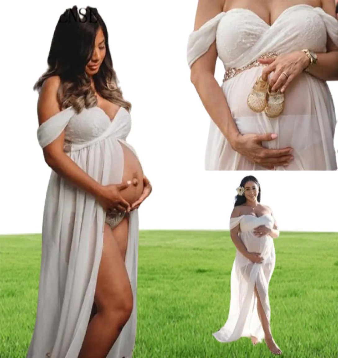 Koronkowa sukienka macierzyńska na Pogień Sexy Off Front Front Podziel ciążę Kobiety w ciąży Kobiety Maxi Maternity Suknia Poshoot Q2786608