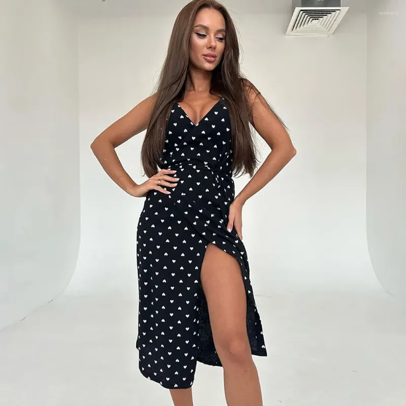 Lugar do sono feminino Black Light Luxury Dot Sexy Split Long Slip Nightdress for Women 2024 Vi-V Longe Jea