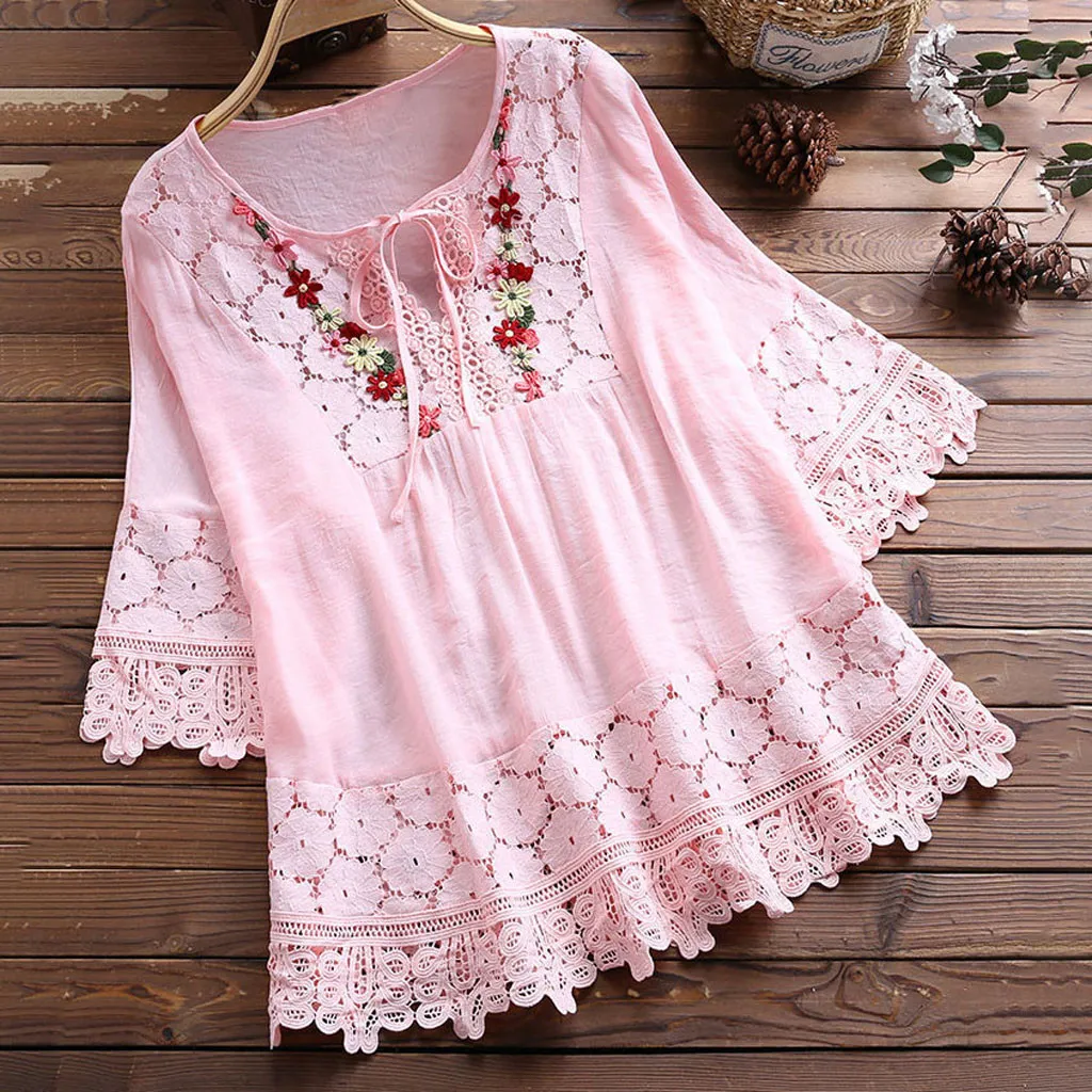 トップス eaphi HALF SLEEVE EMBROIDERY LACE BLOUSE Lace Trim Floral Embroidery Blouse: Womens Casual V-Neck 3/4