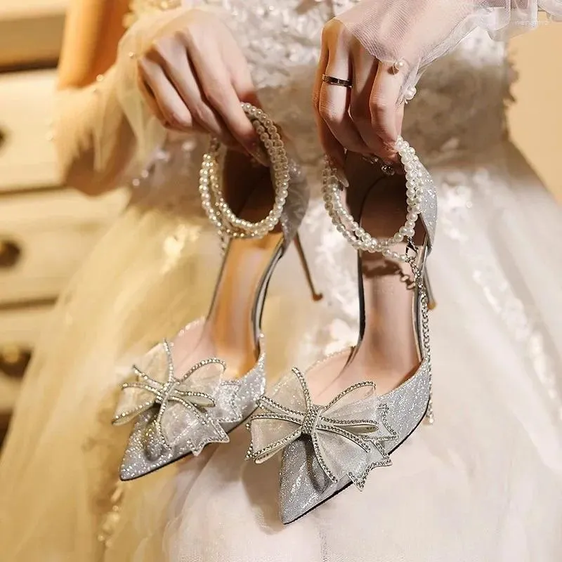 Dress Shoes Fashion Sandals Sequins Pointed Toe With Pearl Bow High Heels Ankle Wrap Silver Wedding Women