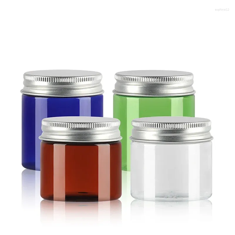 Bouteilles de rangement pot crème vide rechargeable récipient cosmétique 50g 80g Pot en plastique bleu ambre vert transparent avec bocaux faciaux de couvercle en aluminium