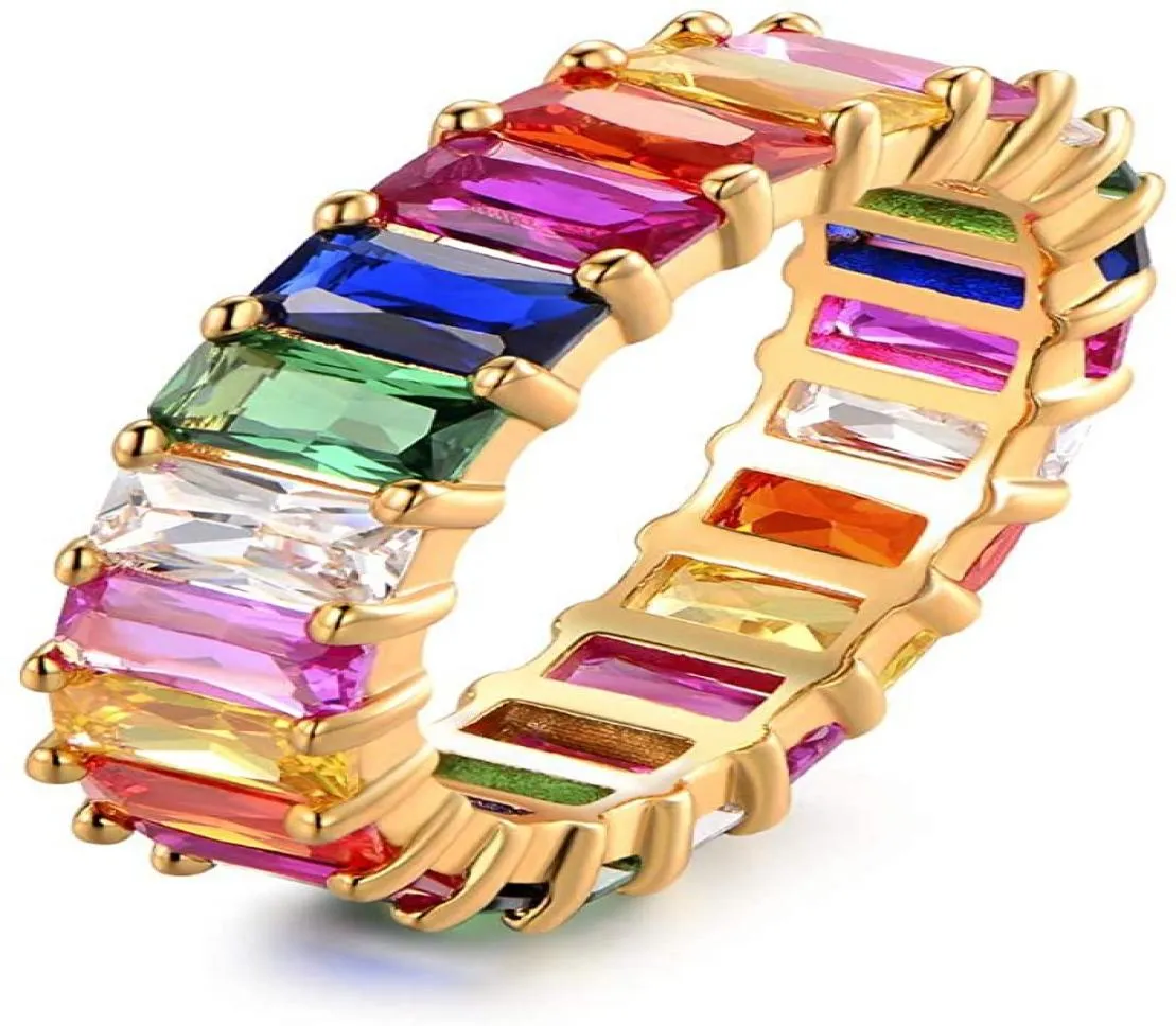 Anneaux de mariage Eternity Rainbow Ring Band pour femmes 18K Gold plaqué émeraumdcut multi-couleurs crééGemstone3179818