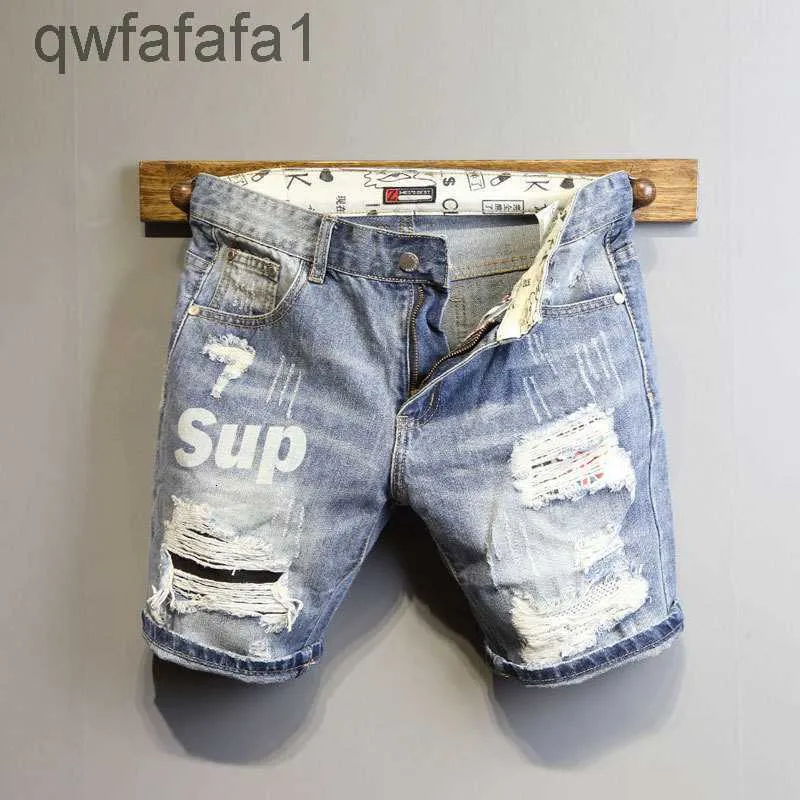 Jeans masculinos verão azul claro rasgado bigoder de gato letra imprimir shorts slim shorts adolescentes meninos e meninas cowboy calças curtas q8vr