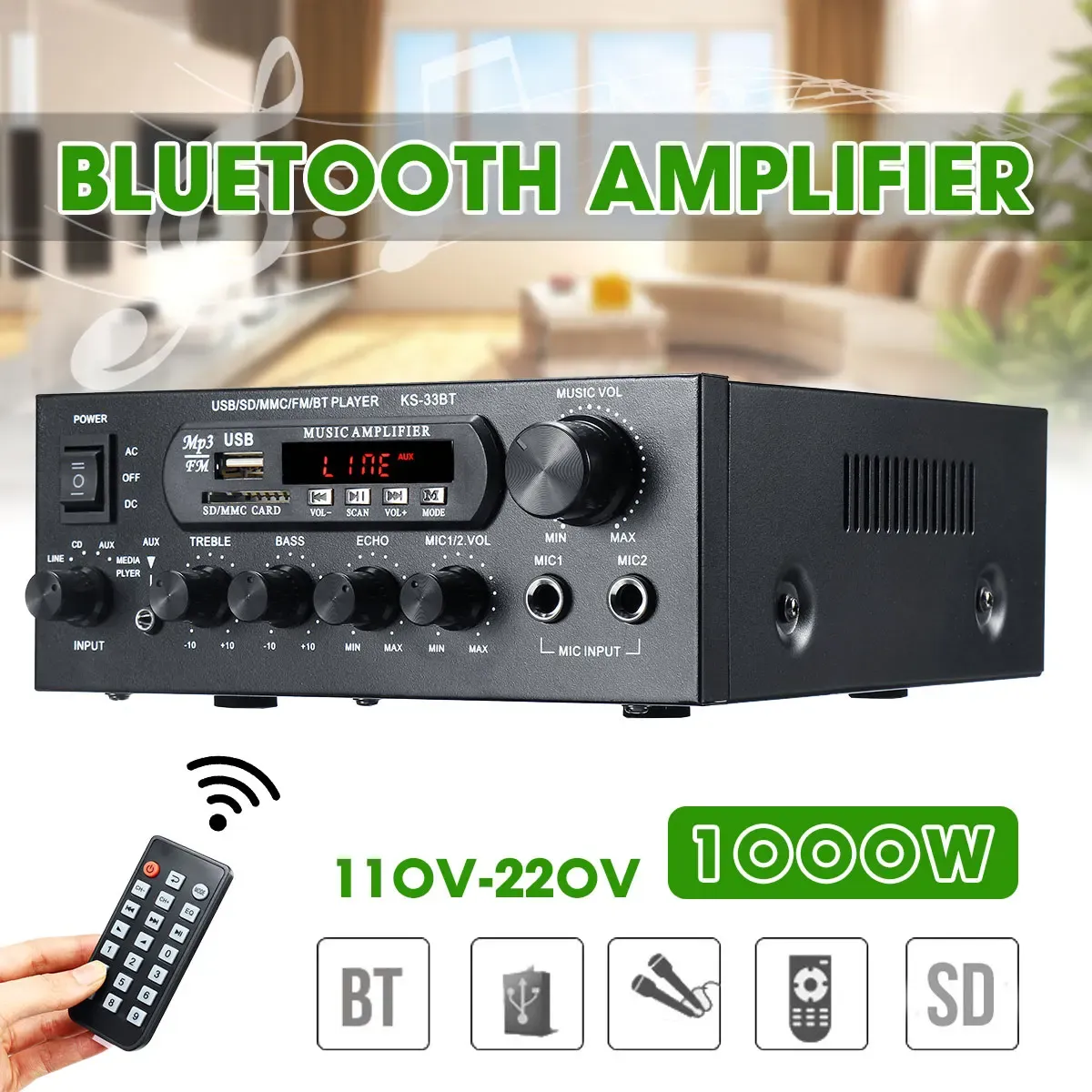 Amplifier 1000W 800W 600W 220V bluetooth Audio Power Amplifier Home Theater Amplifiers amplificador Audio with Remote Control FM USB