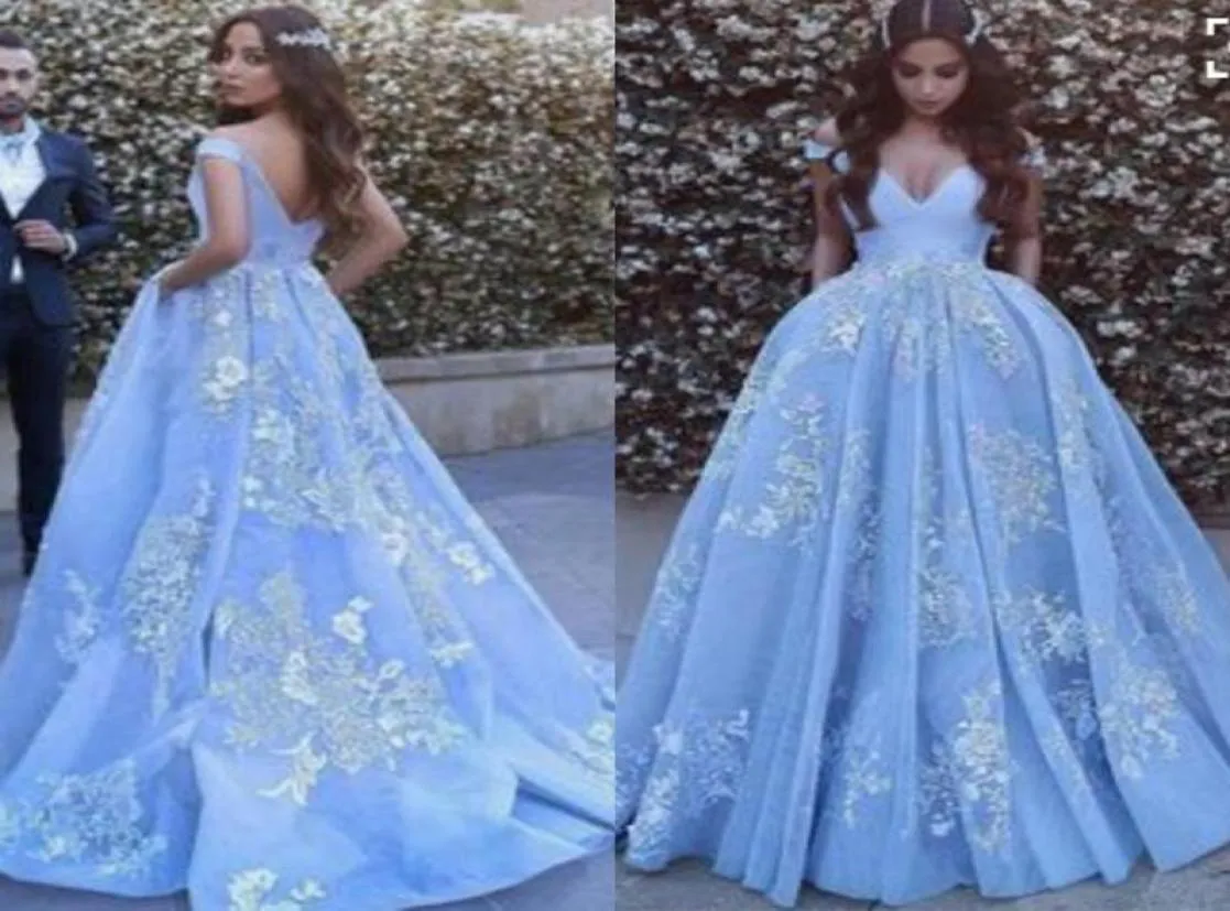 Lace Ball Gown Light Blue Prom Dress Backless Tulle Applique Off Shoulder V neck Pinterest Favourite Evening Gowns Dresses6937237