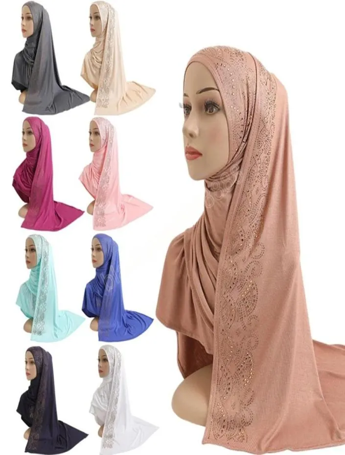 Muzułmańskie kobiety Rhinestone Cotton Jersey Long Scalf Rhinestone Head Scarf islamski hidżab głowa opakowań arabski malezyjski solidny Pashmina1161063