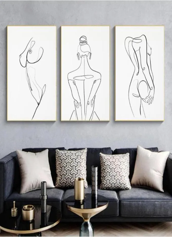 Femme Corps One Line Drawing toile peinture abstraite Femme Figure Art Art Nordic Minimalist Affiche Décor mural de chambre à coucher peinture8243980