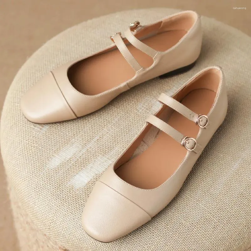 Casual Shoes Women's Cow Leather Round Toe Double Metal Buckle Mary Jane Flats Leisure Soft Comfortable Ballerinas