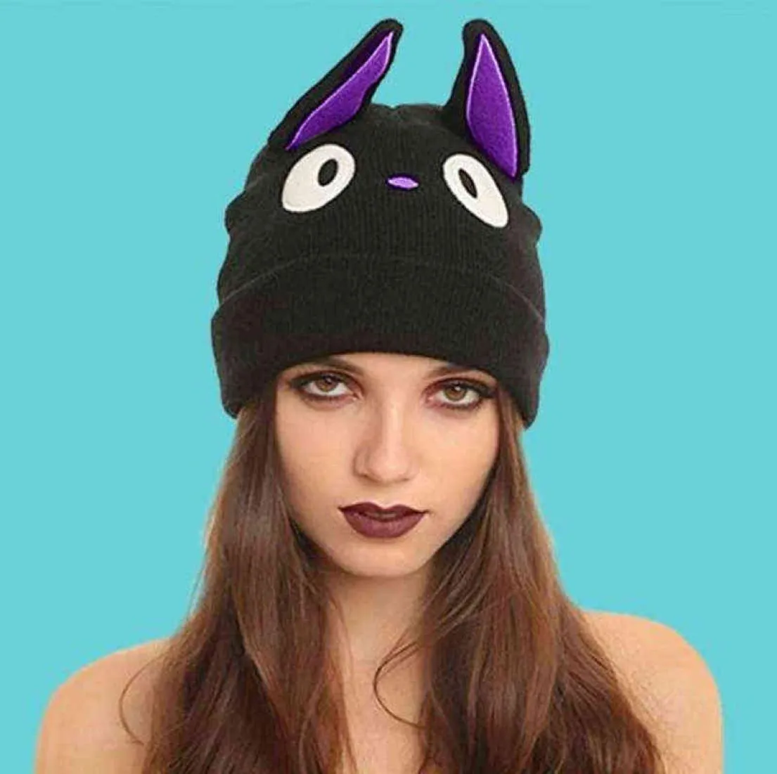 Cartoon Cute Anime Kiki039s Service Cat Jiji Black Cat Beanie zima ciepłe wełniane mieszanki wełny miękki, ciepły kapelusz czapki 2678996