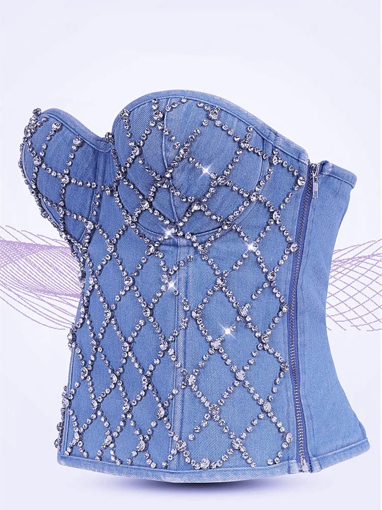 新品:CALNAMUR GLITTER DENIM RIBBON BUSTIER Women's Denim Rhinestone Corset Top Sexy Glitter Tassels