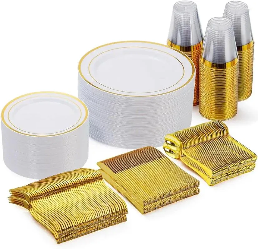 使い捨てディナーウェア300ピース50ゲストのためのゴールドプレートプラスチックパーティーウェディングセットのディナー