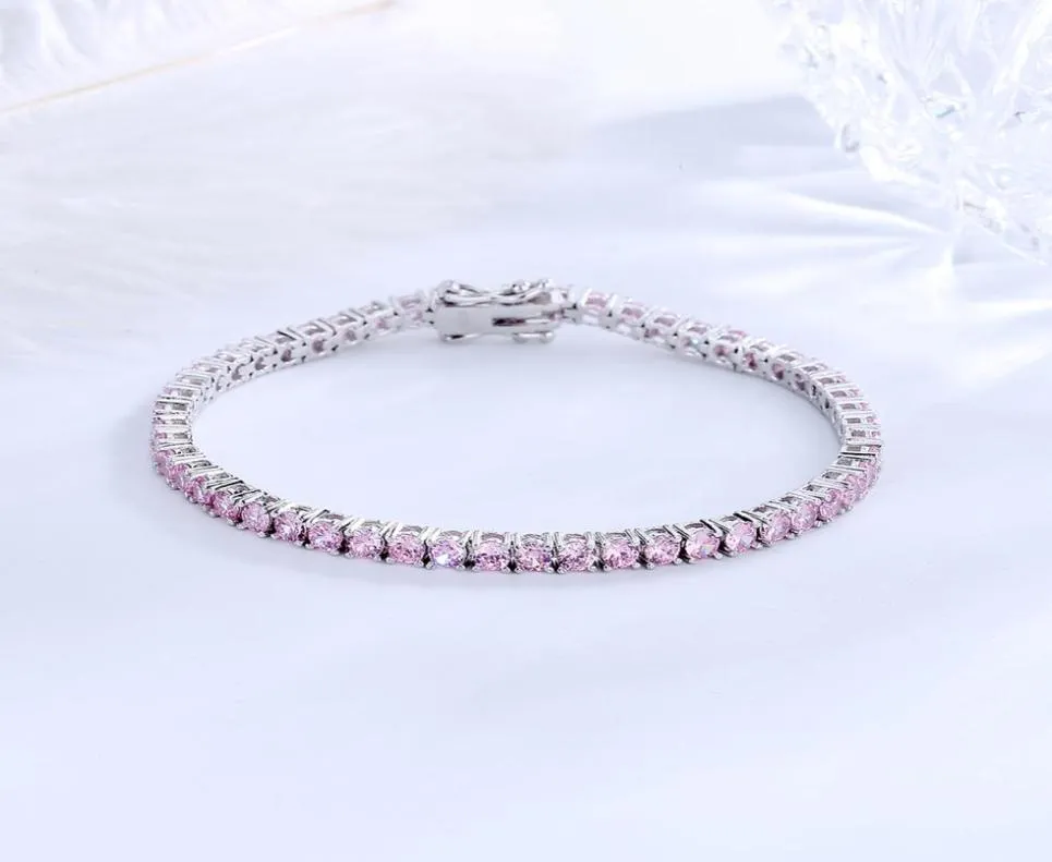 Real Solid 925 Silver Metal 1521 cm Tennis Bracelet Pave Full 3 mm Round Pink Zircon Fine Jewelry For Women4833428