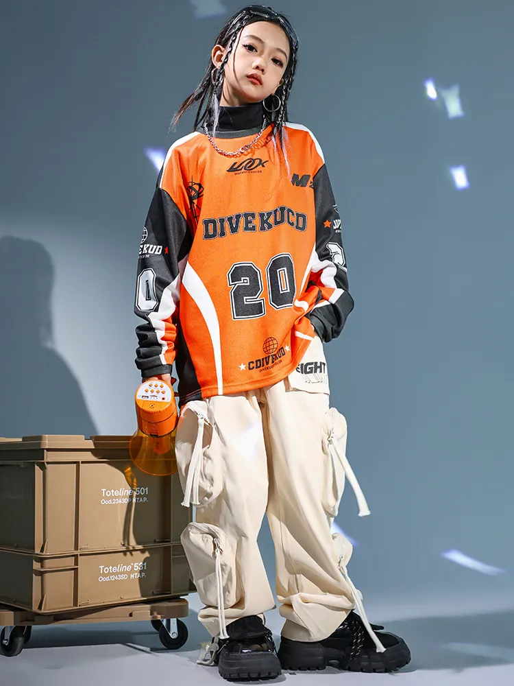 Childrens Hip Hop Clothes: Orange Long Sleeve Racing T Shirt With