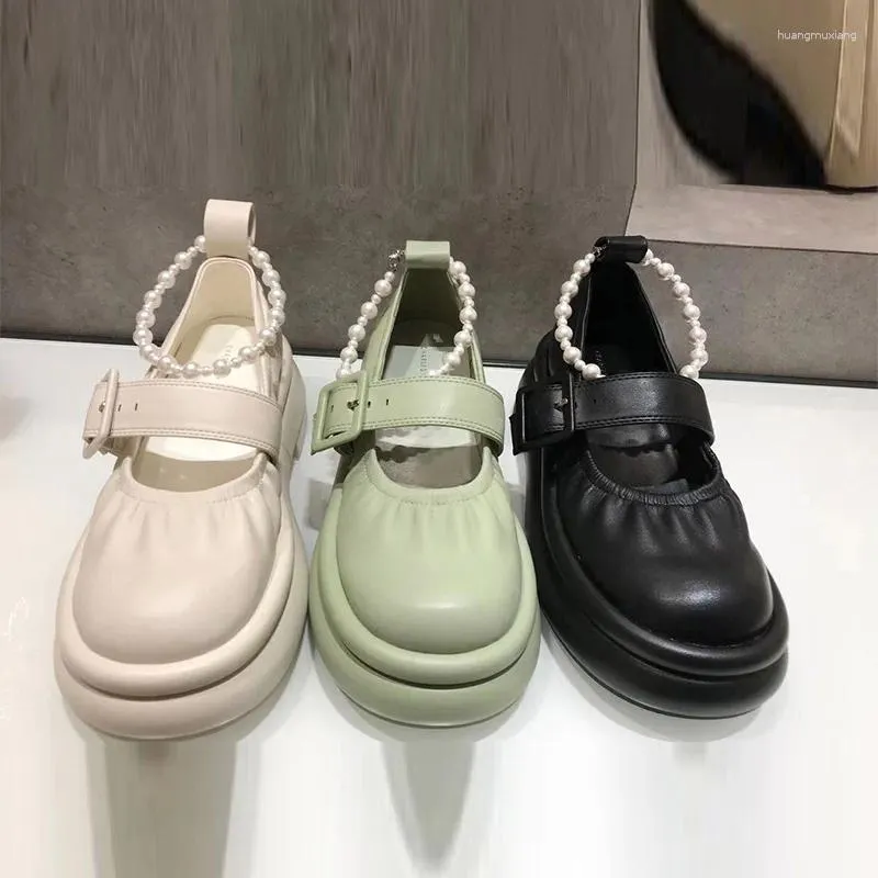 Scarpe casual increspatura cintura in pelle mary janes donna caviglia corde di perle piattaforma a doppio strato rampicanti piatti 2024