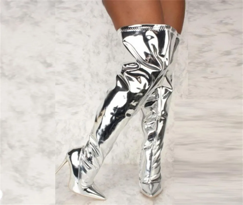 Kobiety buty lustrzane platforma spiczaste punkowe cienkie obcasy nad kolanem długa jesień zima srebrne buty imprezowe 2112176808149
