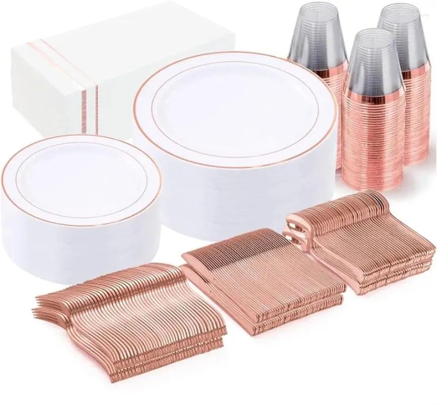 Dininarware descartável 350pcs Placas de ouro rosa e talheres para 50 convidados plástico de 100