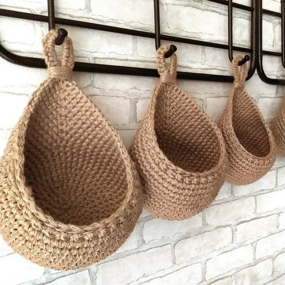 Wall Hanging Fruit Vegetable Basket Natural Jute Woven Teardrop Plant Basket Kitchen Table Wall-mounted Storage Basket Container