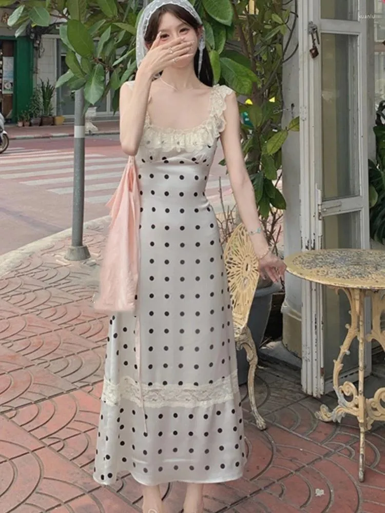 Sexy Lace Polka Dot Midi Dress: Backless Spaghetti Strap