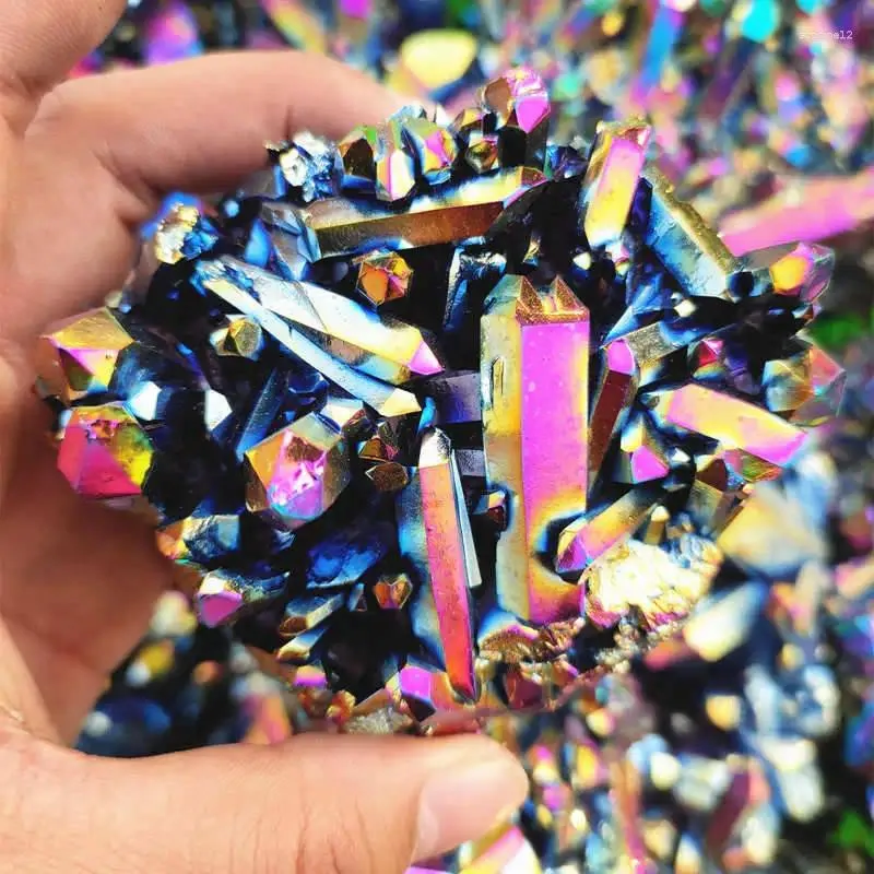 Decorative Figurines 100g Natural Rainbow Aura Titanium Quartz Crystal Cluster VUG Specimens Healing