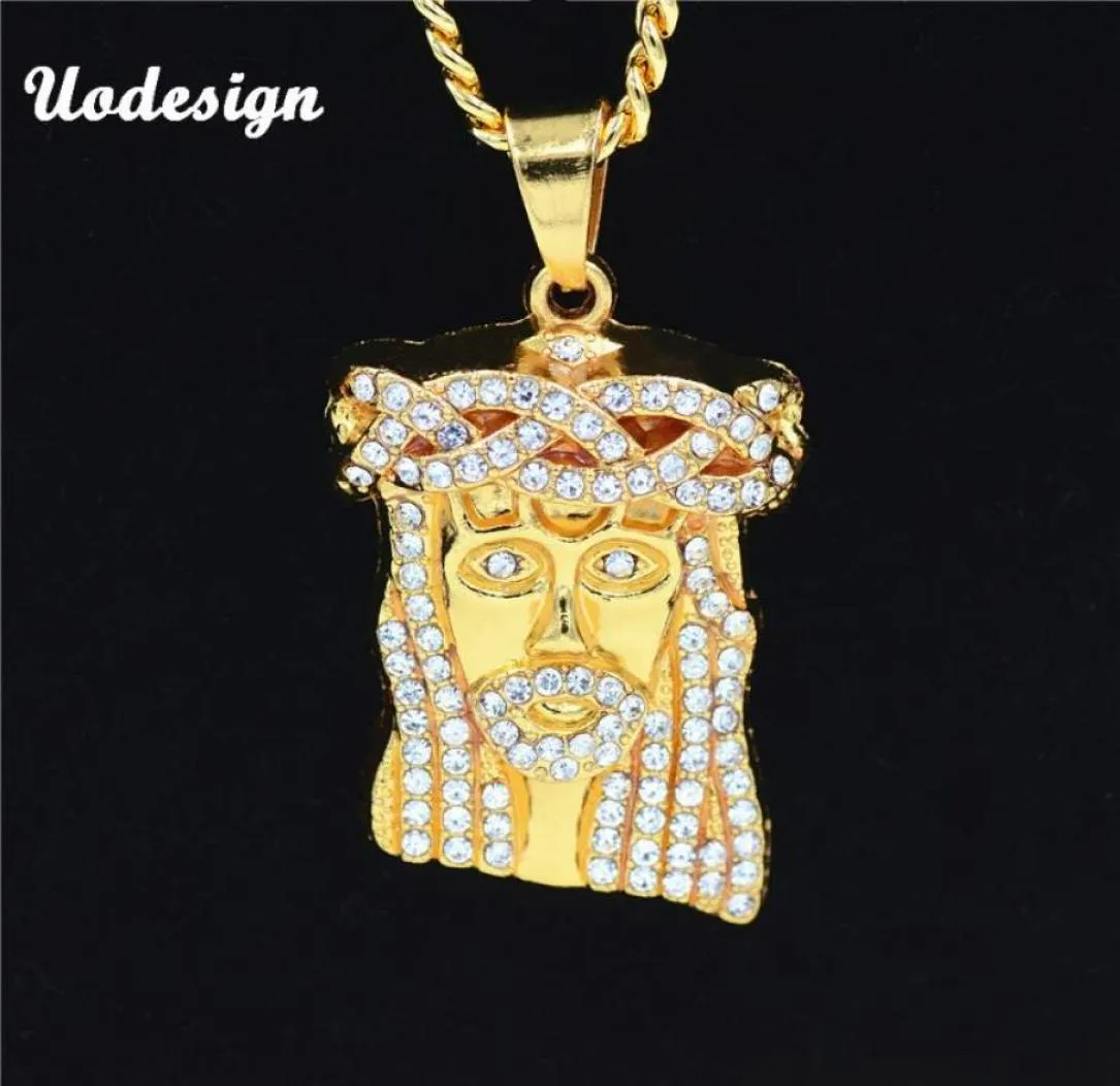 Pendant Necklaces Uodesign HIP Hop Iced Out Crystal JESUS Christ Piece Head Face Pendants Gold Chain For Men Jewelry4017830